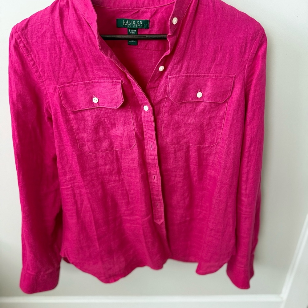 100% Linen Ralph Lauren Fuchsia Long Sleeve Shirt Size M